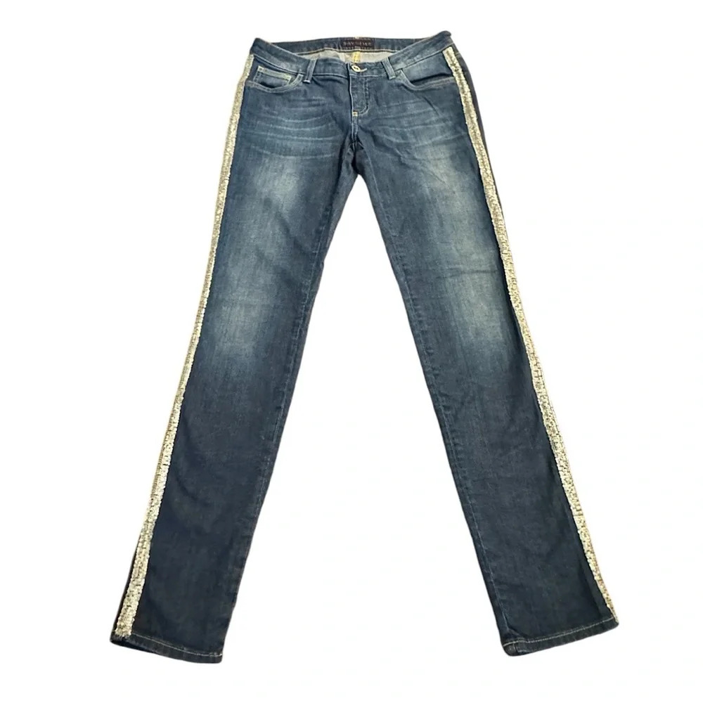 TRUSSARDI Women’s Bling New Blue Jeans Gold Side Sequins SZ 28 42 Low Rise Icon